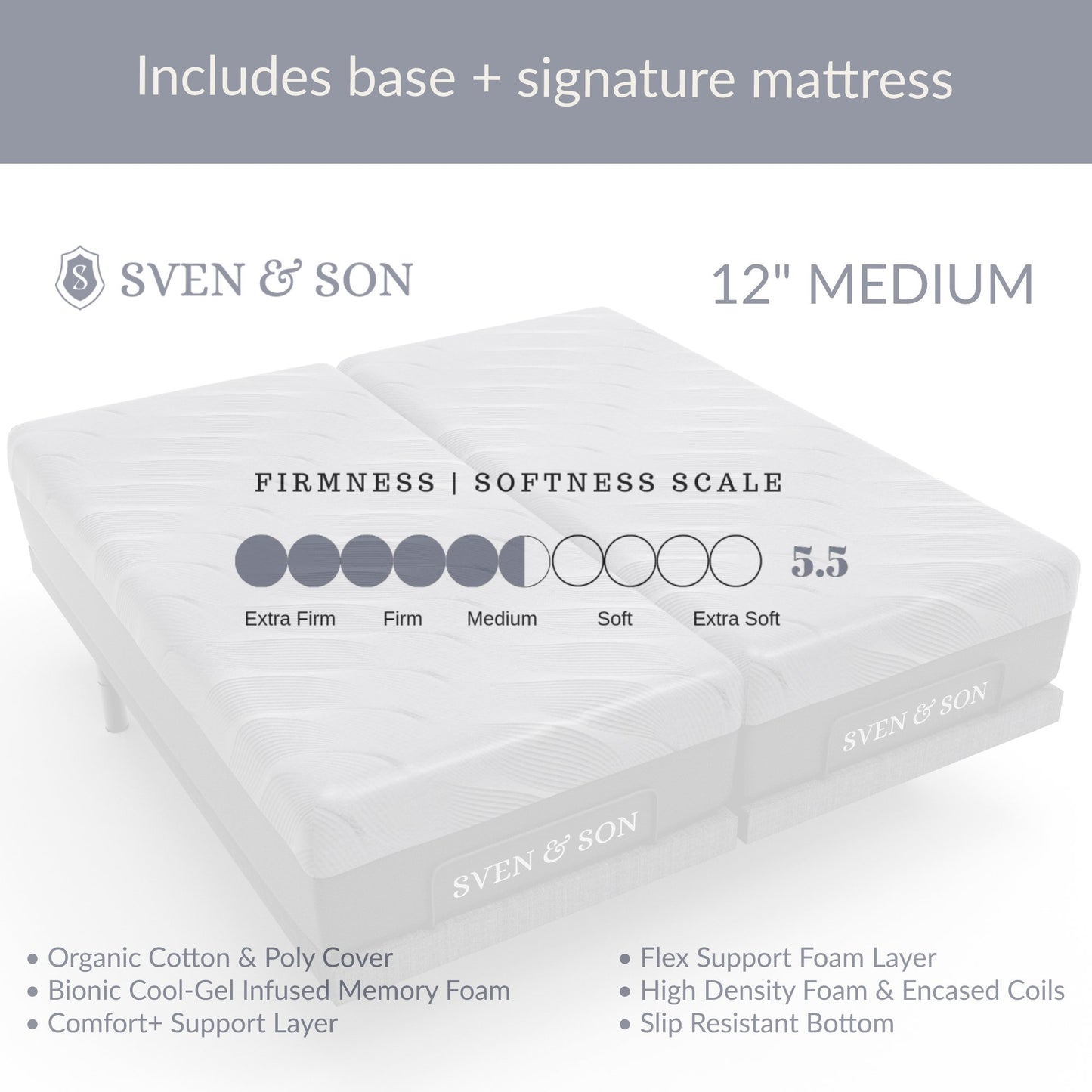 Classic + Head Tilt Adjustable Bed Base + Mattress Bundle bundle Sven & Son